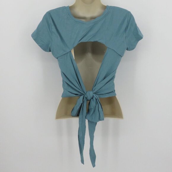 Blogilates Women Medium Reversible Bow Back Tee Cameo Blue Pilates Shirt Top NEW - Picture 3 of 10